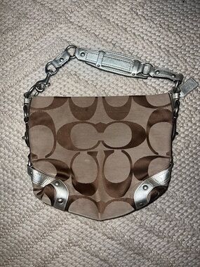 COACH brown  Signature Canvas Shoulder Bag with Silver Trim